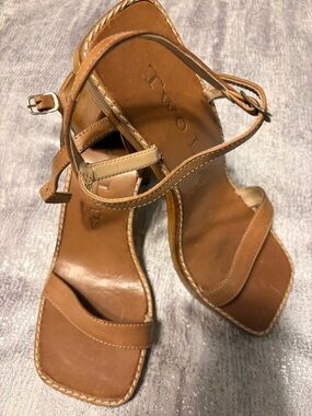 Vintage Two Lips Tan Leather Square-Toe Ankle-Strap Sandals